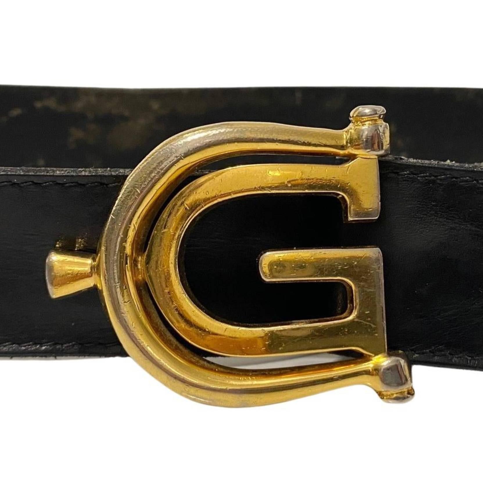 1980s Gucci GG Double GG Gold Metal Buckle Black Leather Belt