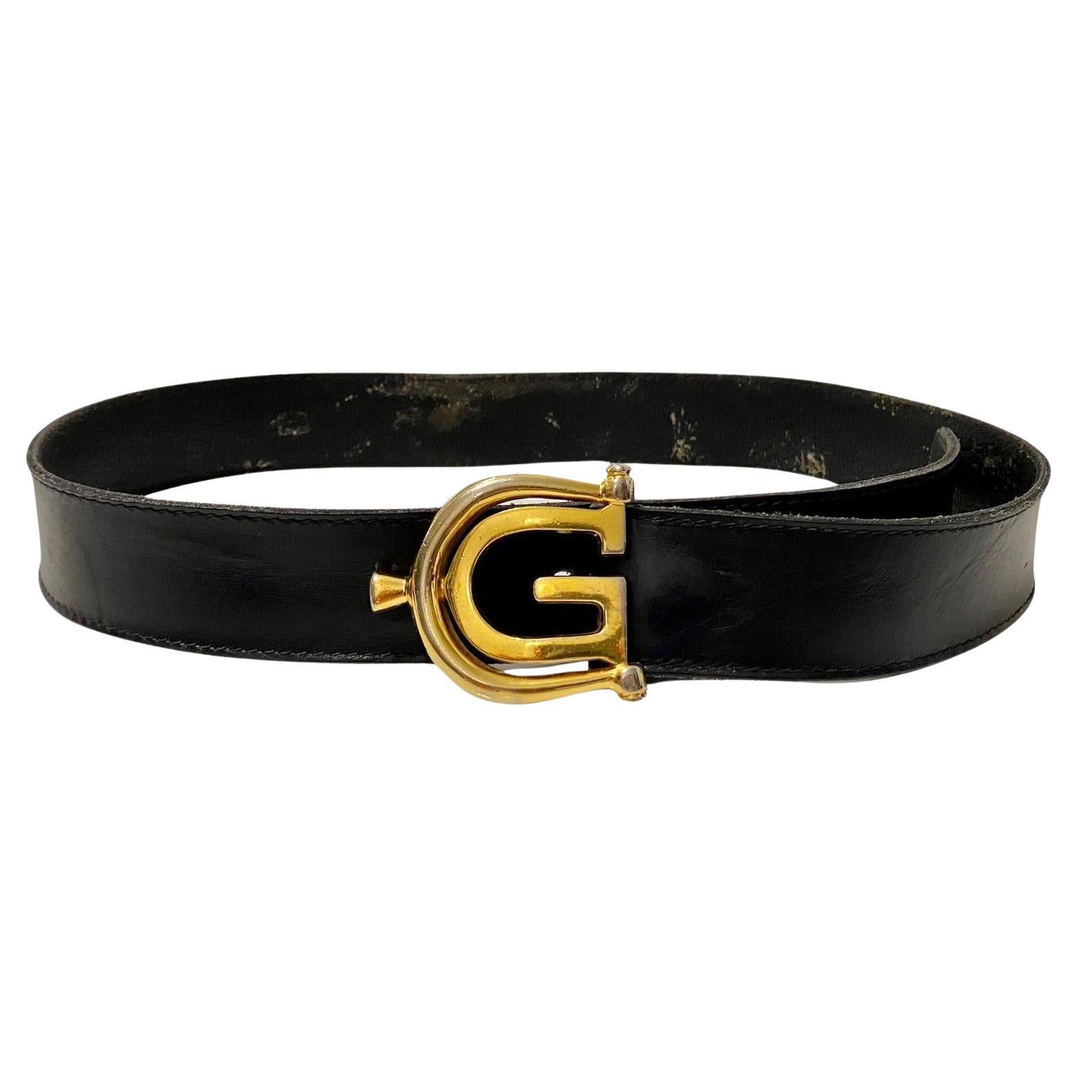 1980s Gucci GG Double GG Gold Metal Buckle Black Leather Belt