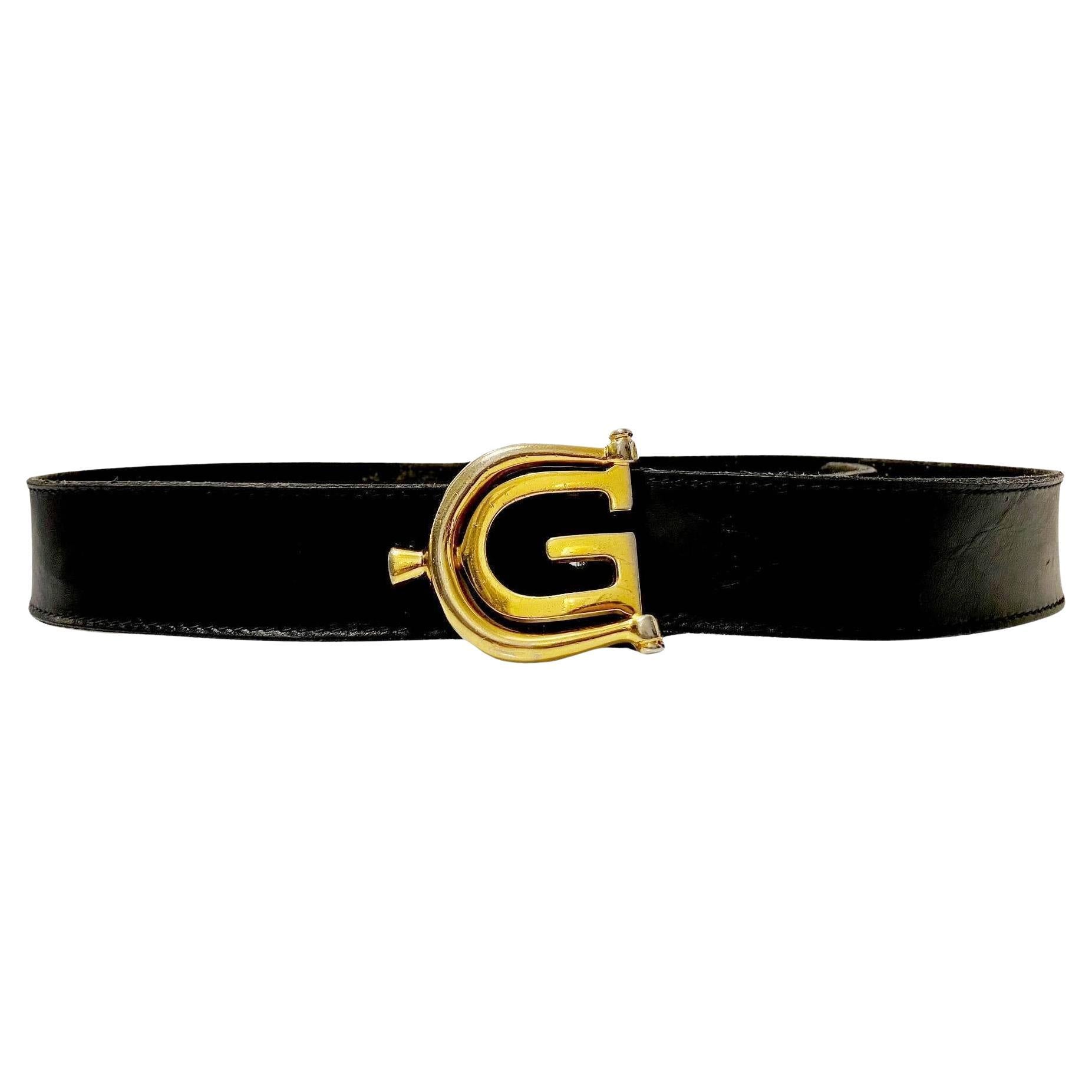 1980s Gucci GG Double GG Gold Metal Buckle Black Leather Belt