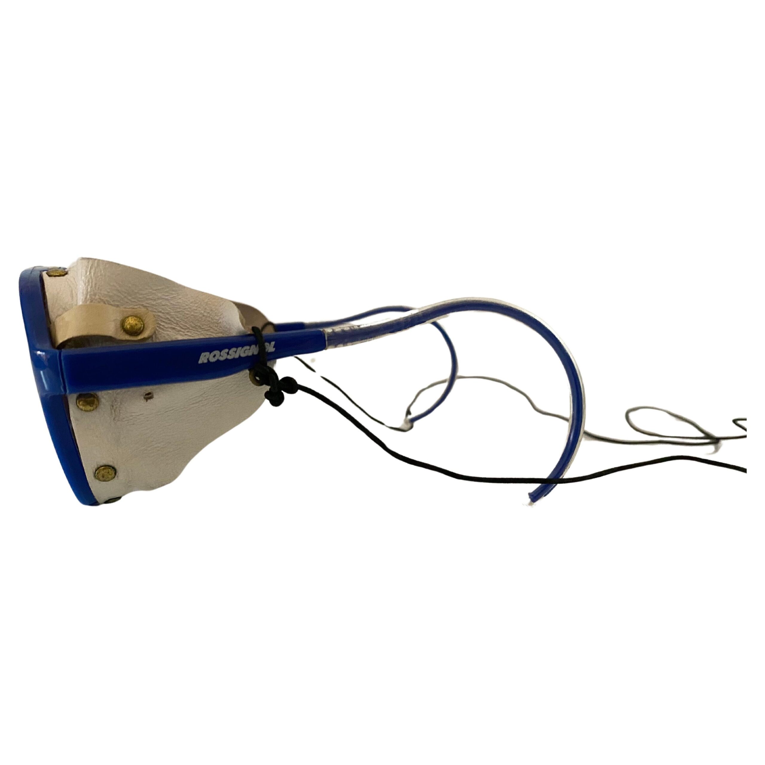1980s Rossignol Mirrored Blue Frame Sunglasses with leather side shields