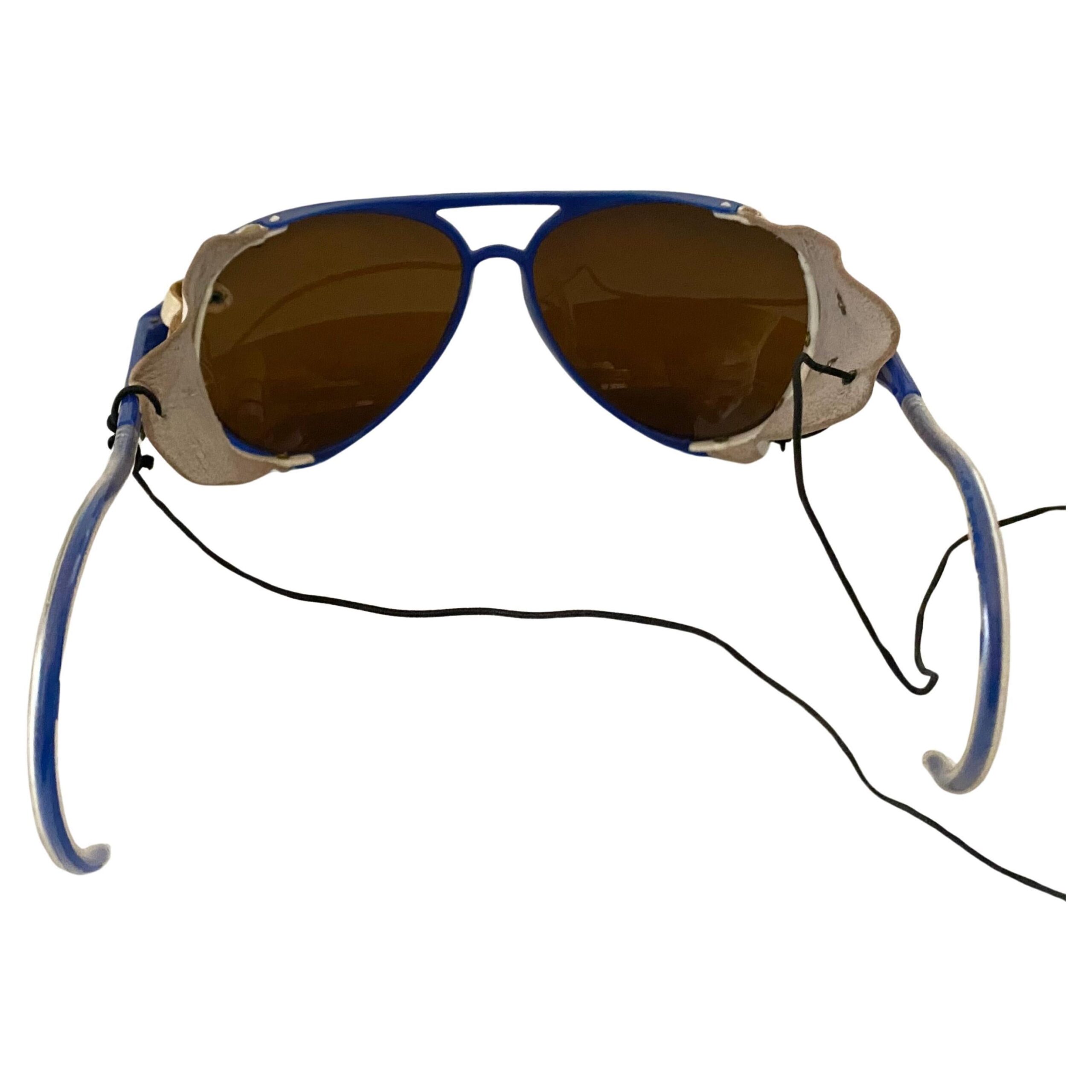 1980s Rossignol Mirrored Blue Frame Sunglasses with leather side shields
