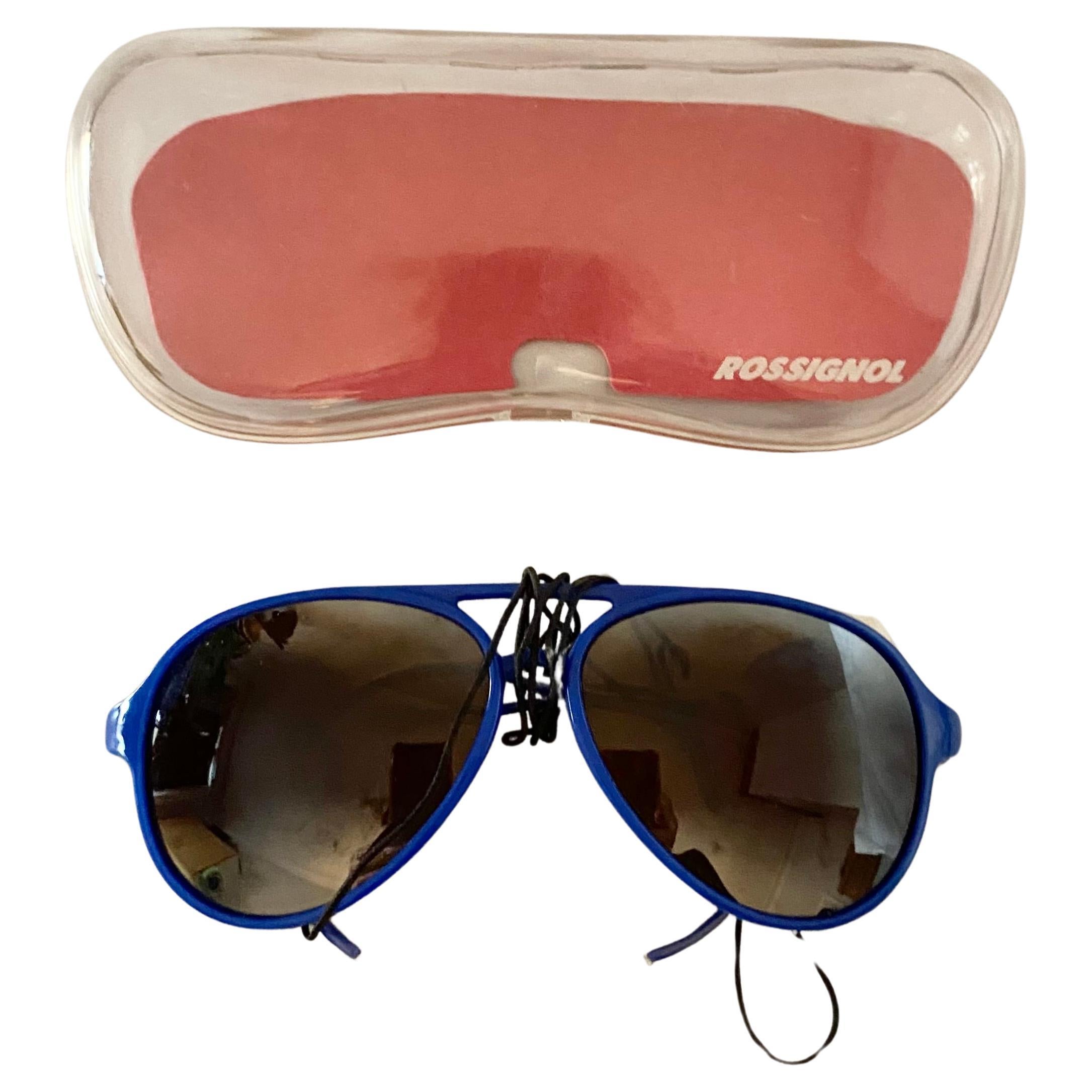 1980s Rossignol Mirrored Blue Frame Sunglasses with leather side shields