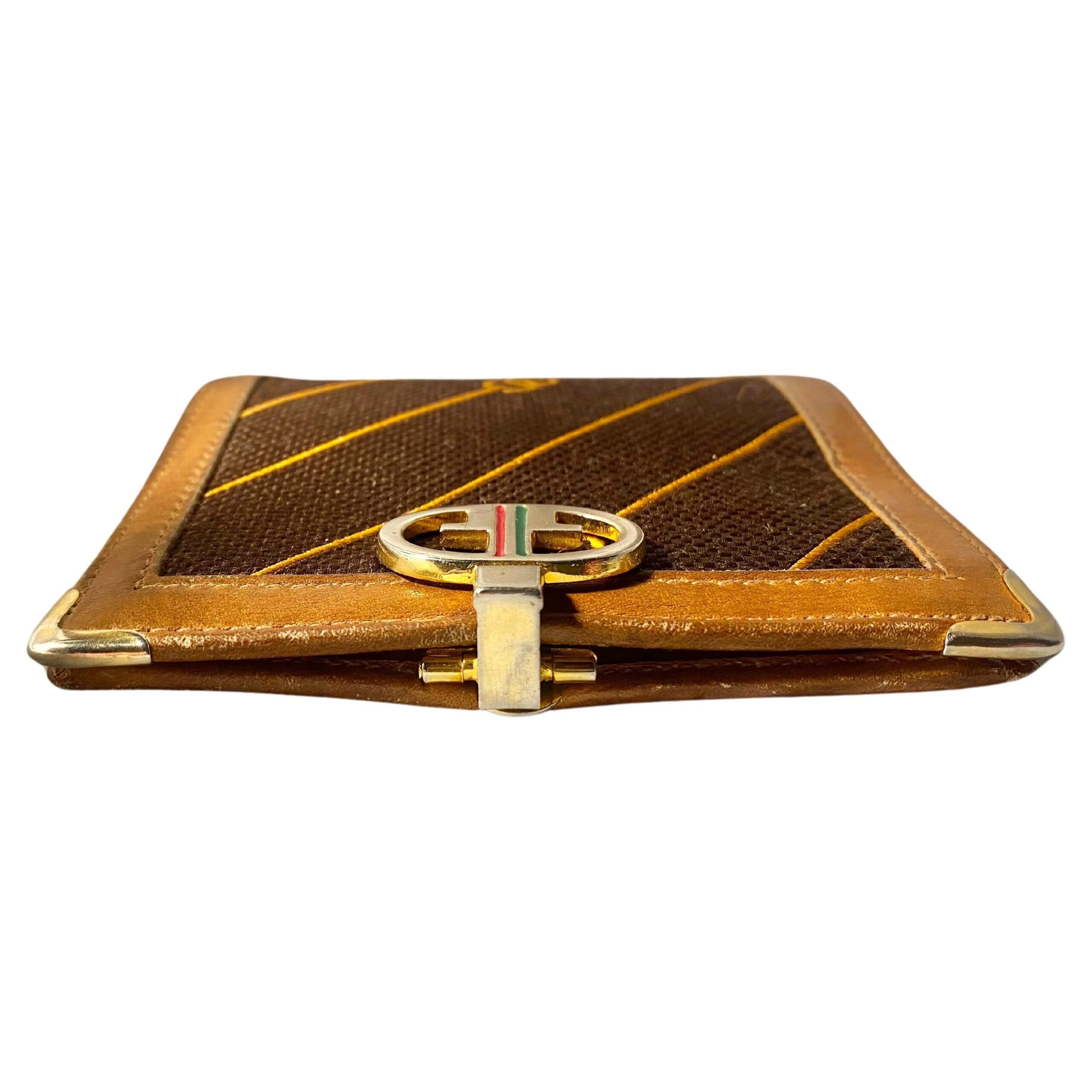 1980s Gucci Brown Canvas Logo Clutch Cards Wallet Purse