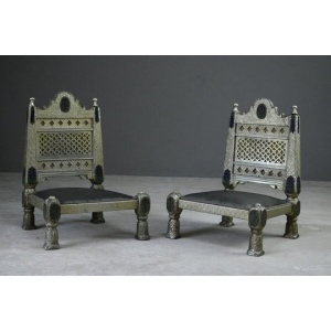 Pair Vintage Eastern Metal Clad Pidha Chairs