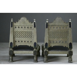 Pair Vintage Eastern Metal Clad Pidha Chairs