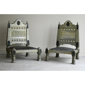 Pair Vintage Eastern Metal Clad Pidha Chairs