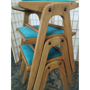 Set of three mid-century stacking stools, turquoise velvet