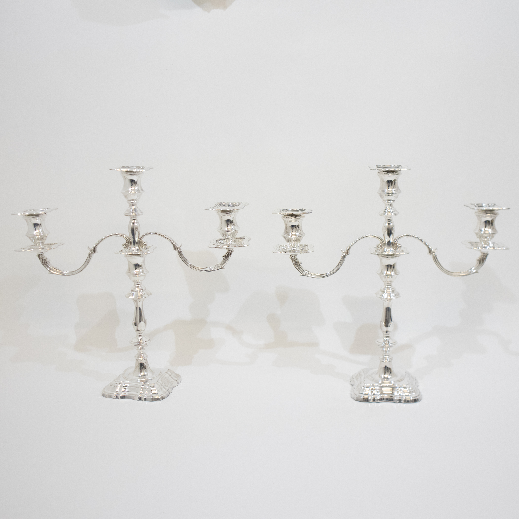 Pair of Three Branch Silver Candelabra