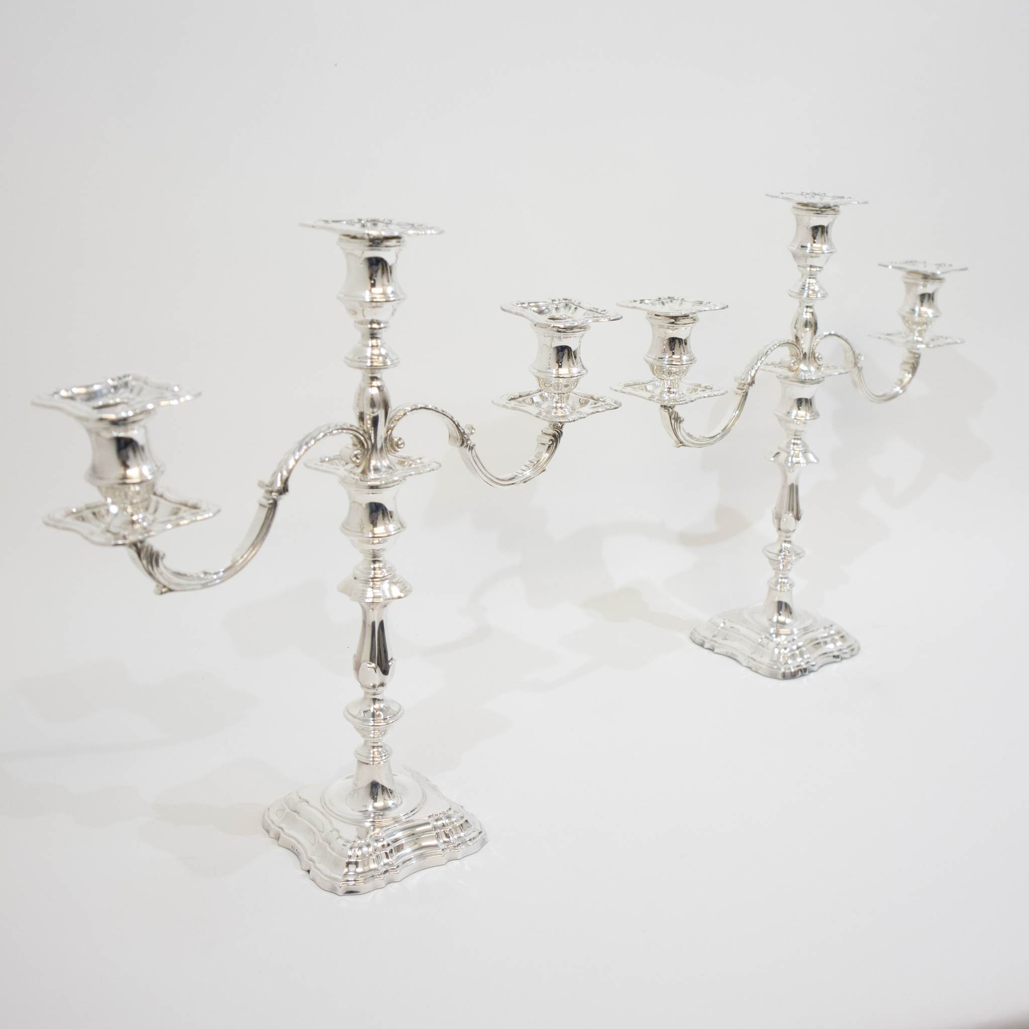 Pair of Three Branch Silver Candelabra