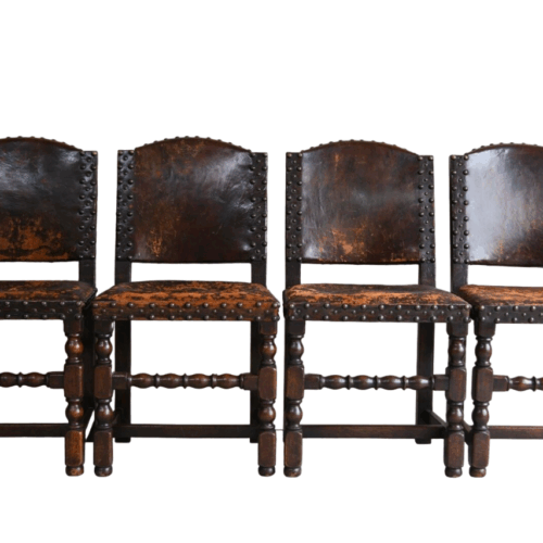 4 Antique Cromwellian Style Leather Oak Dining Chairs
