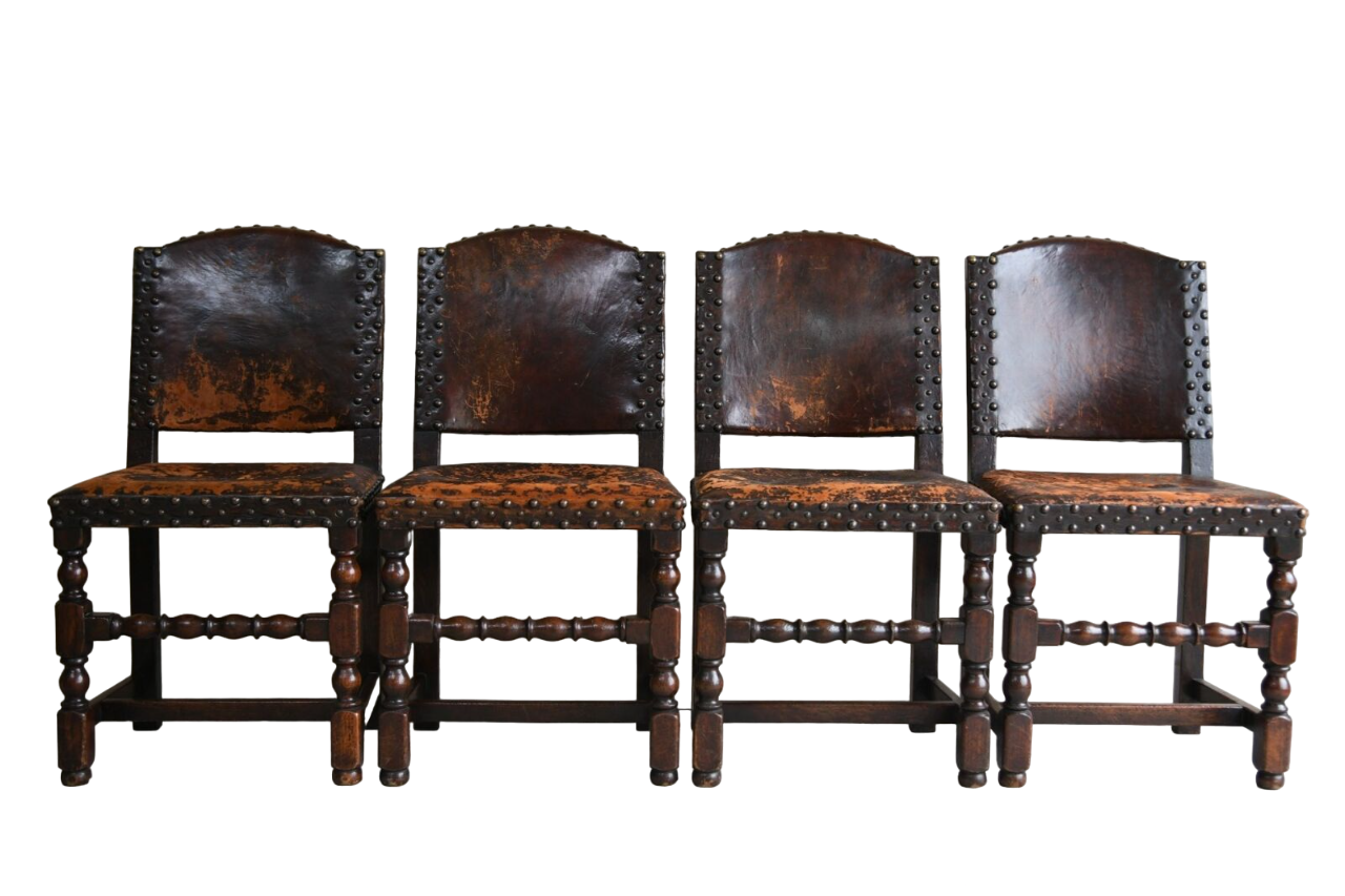 4 Antique Cromwellian Style Leather Oak Dining Chairs