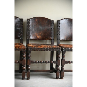 4 Antique Cromwellian Style Leather Oak Dining Chairs