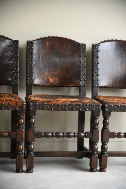 4 Antique Cromwellian Style Leather Oak Dining Chairs - Image 9