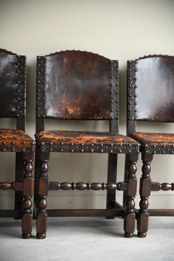 4 Antique Cromwellian Style Leather Oak Dining Chairs