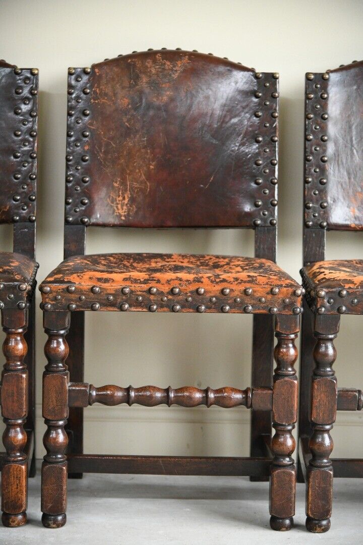 4 Antique Cromwellian Style Leather Oak Dining Chairs