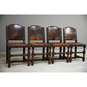 4 Antique Cromwellian Style Leather Oak Dining Chairs