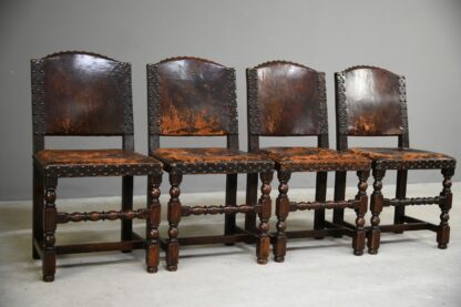 4 Antique Cromwellian Style Leather Oak Dining Chairs - Image 13
