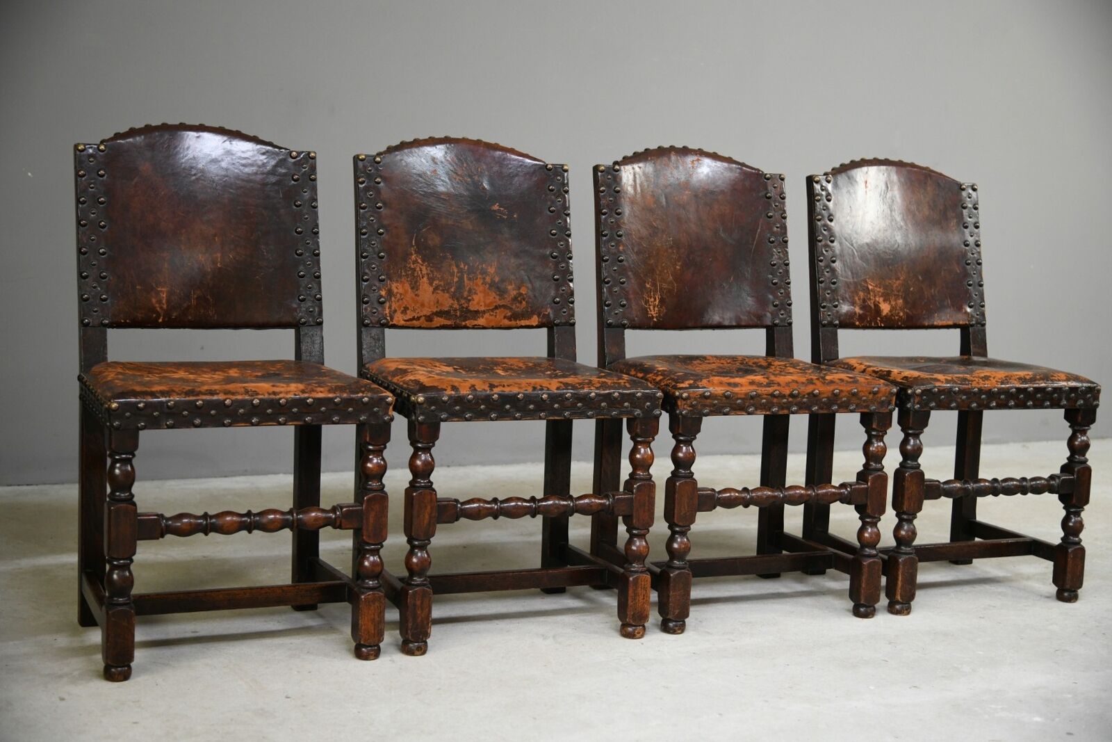 4 Antique Cromwellian Style Leather Oak Dining Chairs