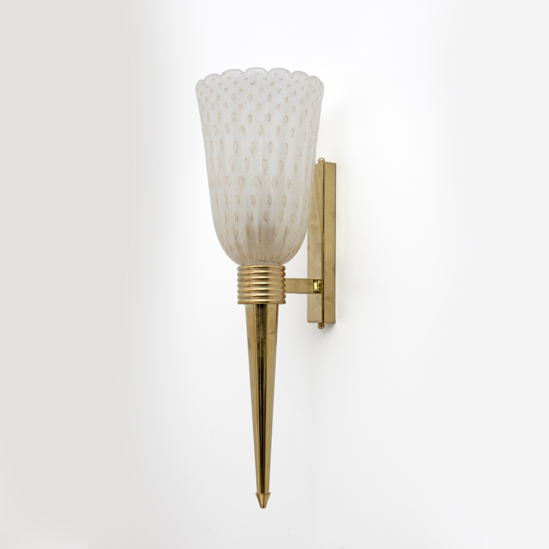 Pair of Mid-century Modern Italian Brass and Pulegoso Murano Glass Sconces
