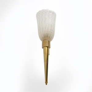 Pair of Mid-century Modern Italian Brass and Pulegoso Murano Glass Sconces
