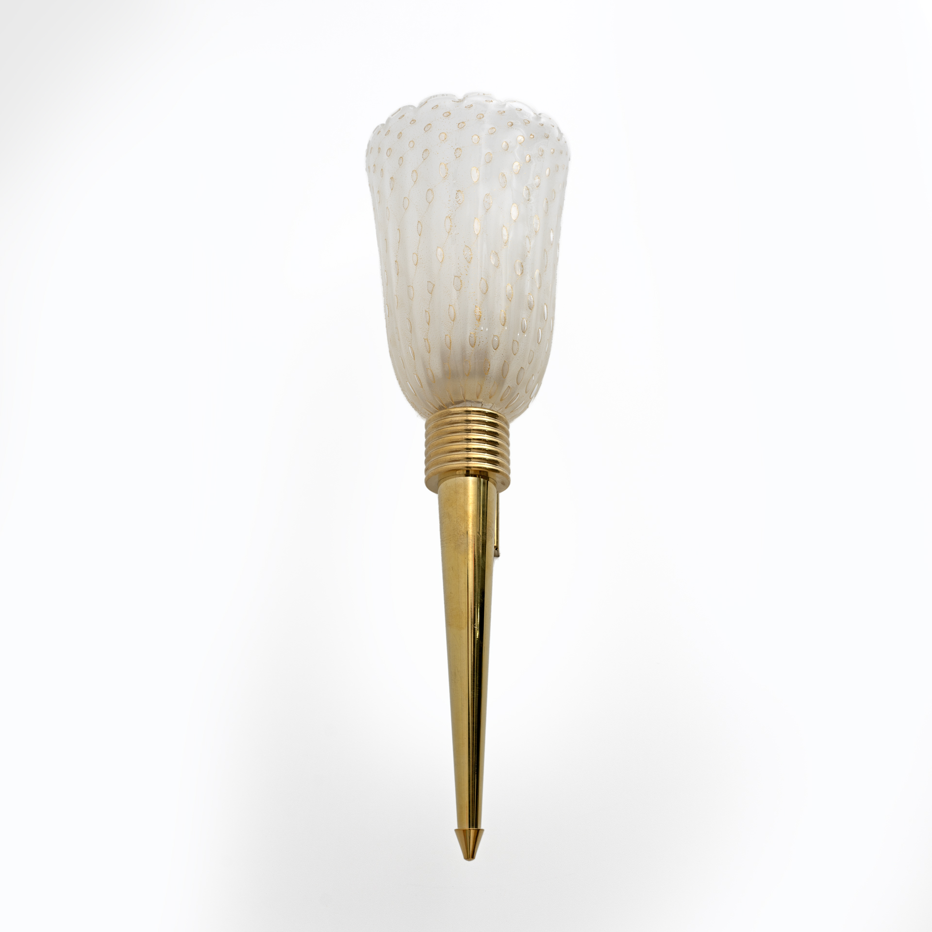 Pair of Mid-century Modern Italian Brass and Pulegoso Murano Glass Sconces