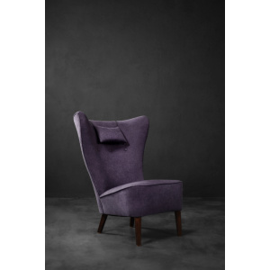 Rare Vintage Mid-Century Scandinavian Modern Oak & Purple Fabric High Back Wing Chair, 1950s