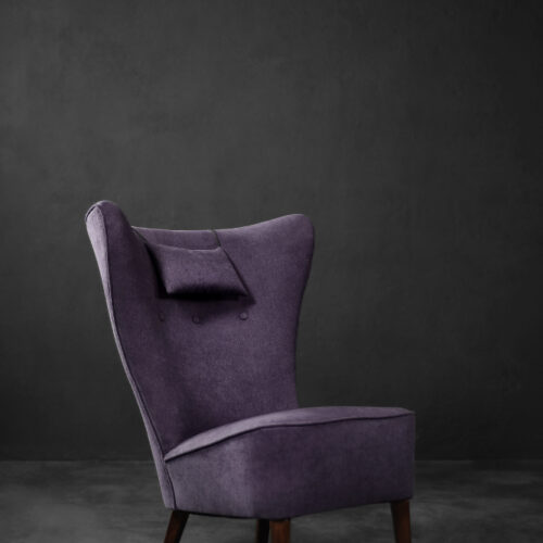 Rare Vintage Mid-Century Scandinavian Modern Oak & Purple Fabric High Back Wing Chair, 1950s