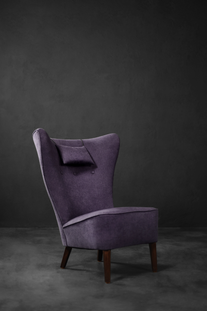 Rare Vintage Mid-Century Scandinavian Modern Oak & Purple Fabric High Back Wing Chair, 1950s