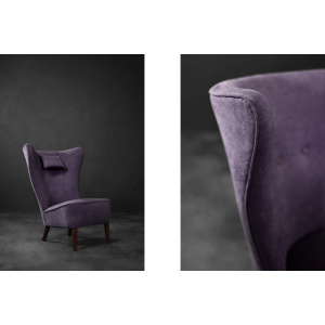 Rare Vintage Mid-Century Scandinavian Modern Oak & Purple Fabric High Back Wing Chair, 1950s