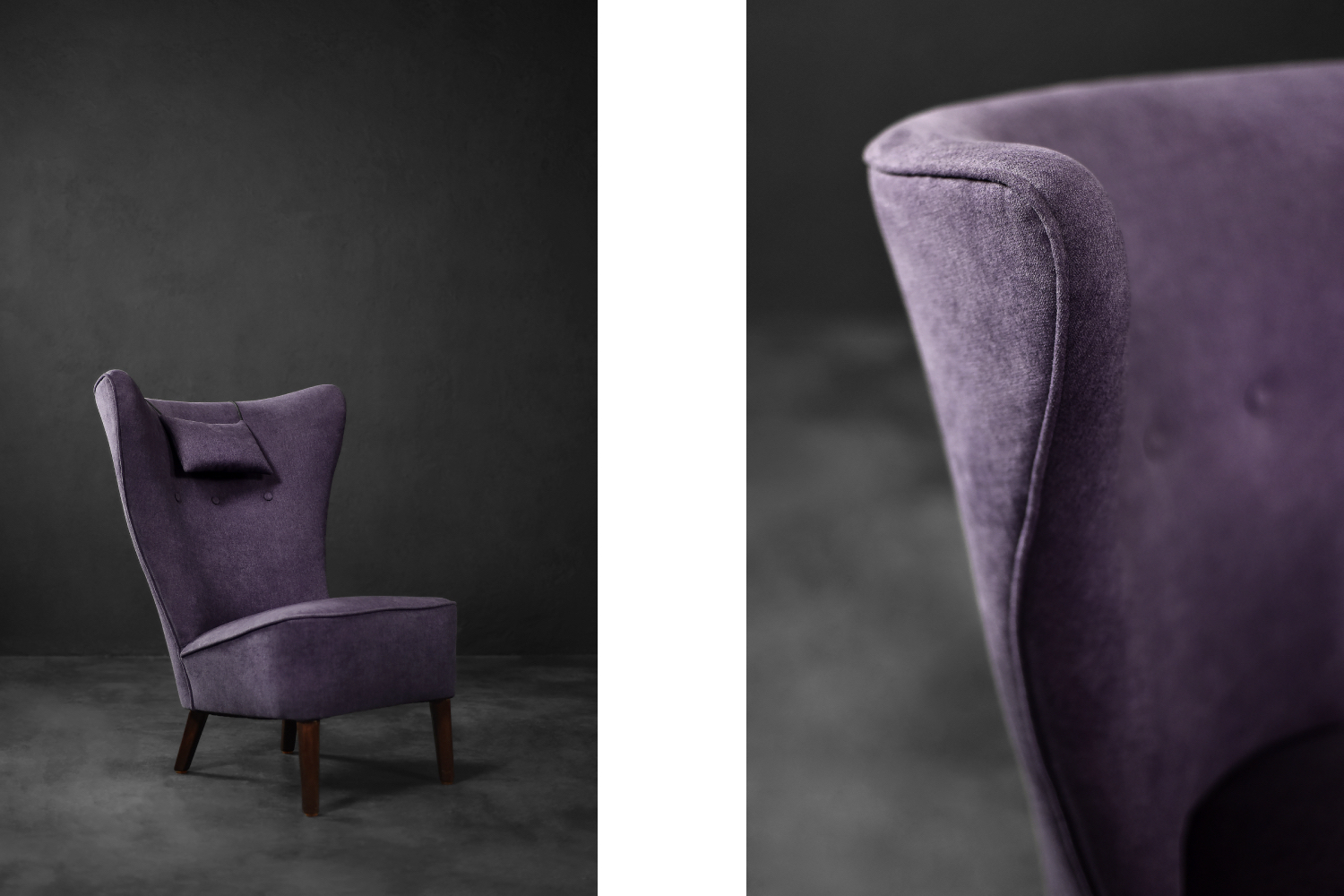 Rare Vintage Mid-Century Scandinavian Modern Oak & Purple Fabric High Back Wing Chair, 1950s