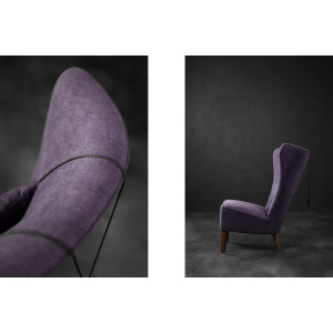 Rare Vintage Mid-Century Scandinavian Modern Oak & Purple Fabric High Back Wing Chair, 1950s
