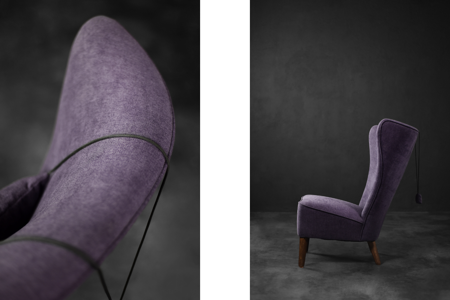 Rare Vintage Mid-Century Scandinavian Modern Oak & Purple Fabric High Back Wing Chair, 1950s