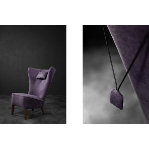 Rare Vintage Mid-Century Scandinavian Modern Oak & Purple Fabric High Back Wing Chair, 1950s