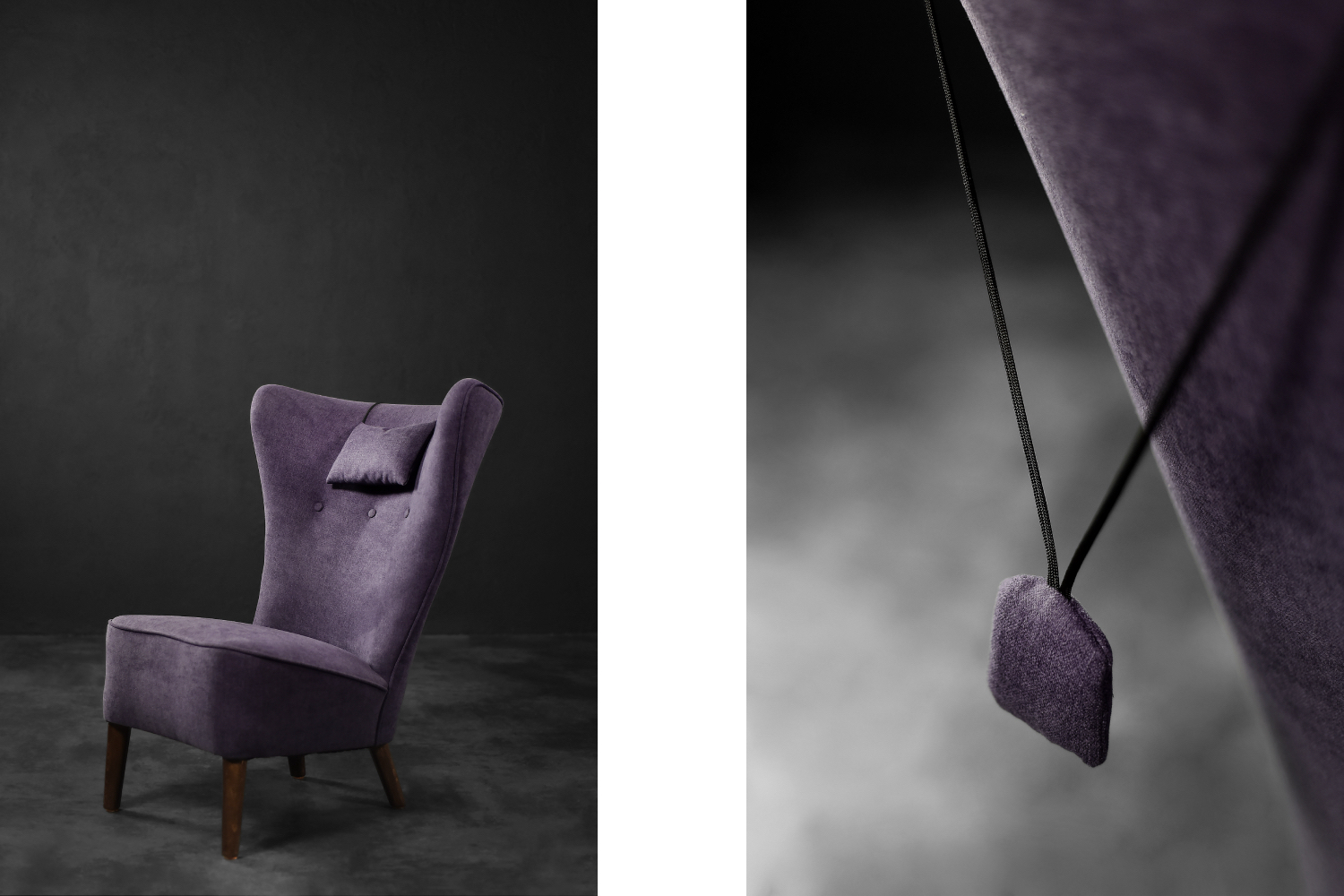 Rare Vintage Mid-Century Scandinavian Modern Oak & Purple Fabric High Back Wing Chair, 1950s
