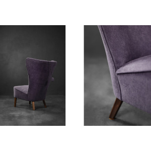 Rare Vintage Mid-Century Scandinavian Modern Oak & Purple Fabric High Back Wing Chair, 1950s