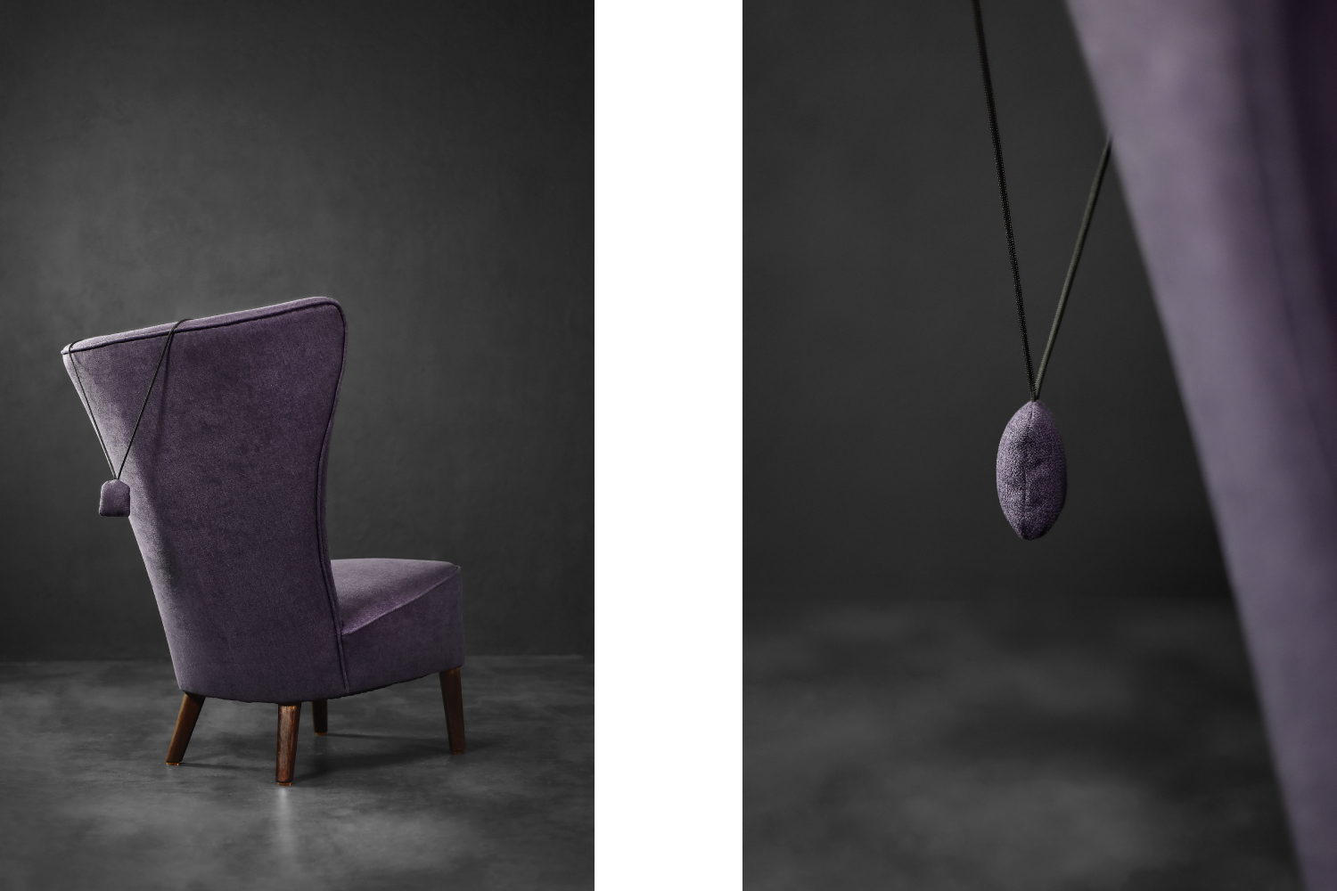 Rare Vintage Mid-Century Scandinavian Modern Oak & Purple Fabric High Back Wing Chair, 1950s