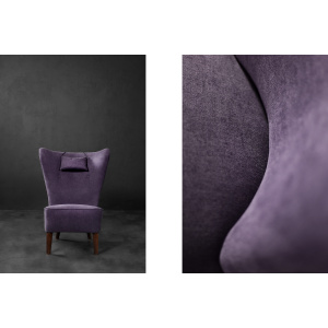 Rare Vintage Mid-Century Scandinavian Modern Oak & Purple Fabric High Back Wing Chair, 1950s