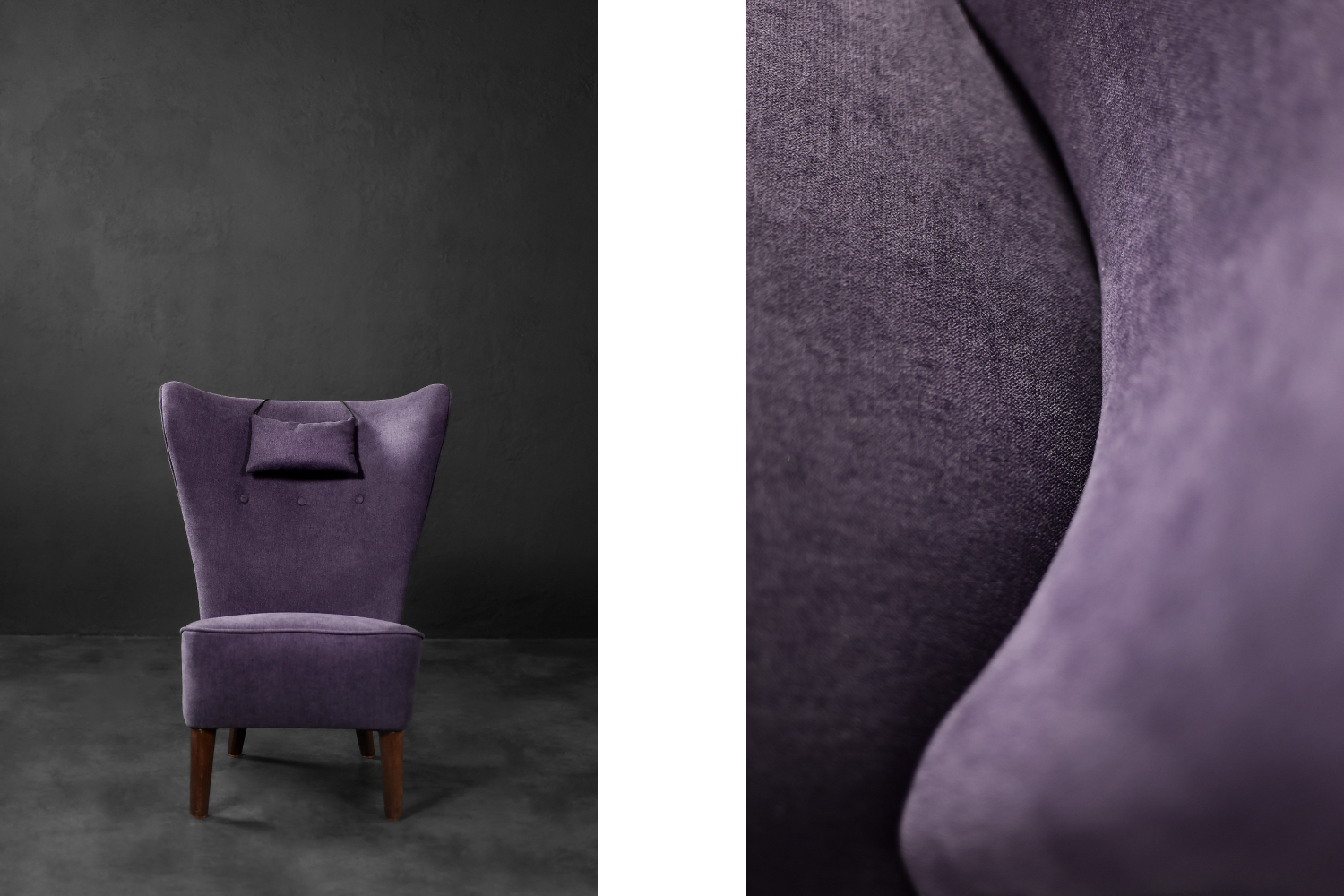 Rare Vintage Mid-Century Scandinavian Modern Oak & Purple Fabric High Back Wing Chair, 1950s
