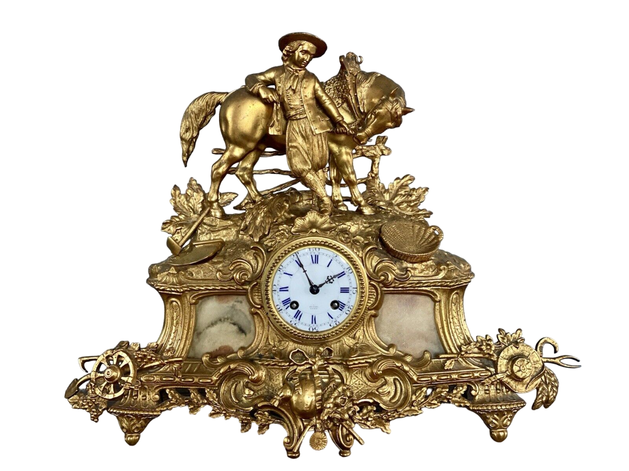 Henry Marc Paris, Gilt Bronze Mantel Clock With AD Mougin Movement