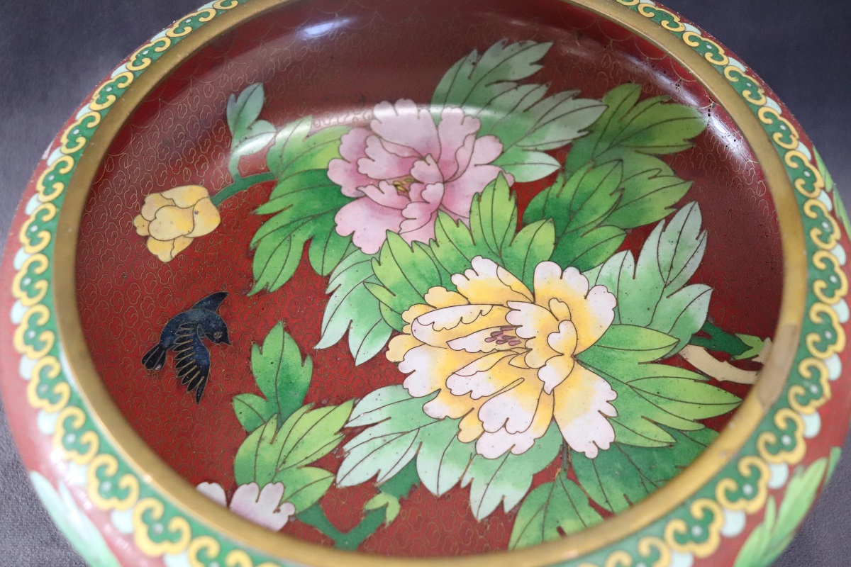 Cloisonne Bowl on Wooden Stand, 1980s