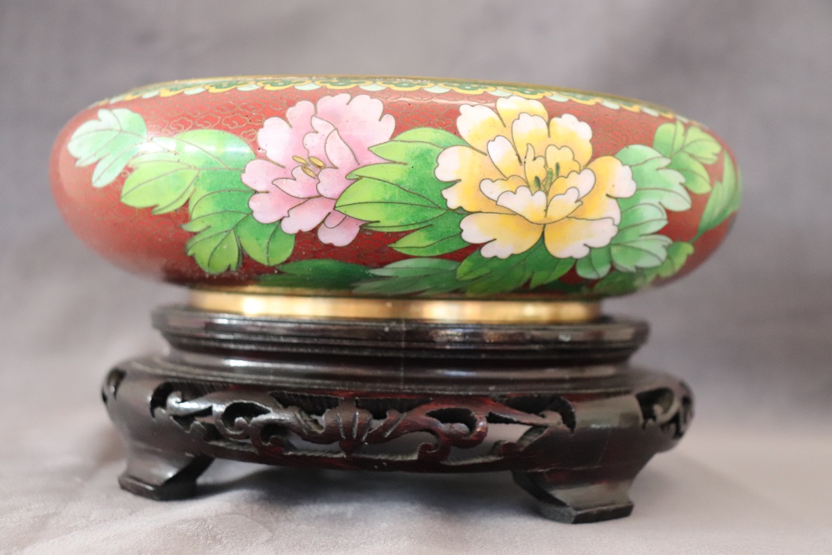 Cloisonne Bowl on Wooden Stand, 1980s