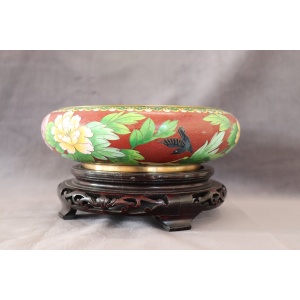 Cloisonne Bowl on Wooden Stand, 1980s