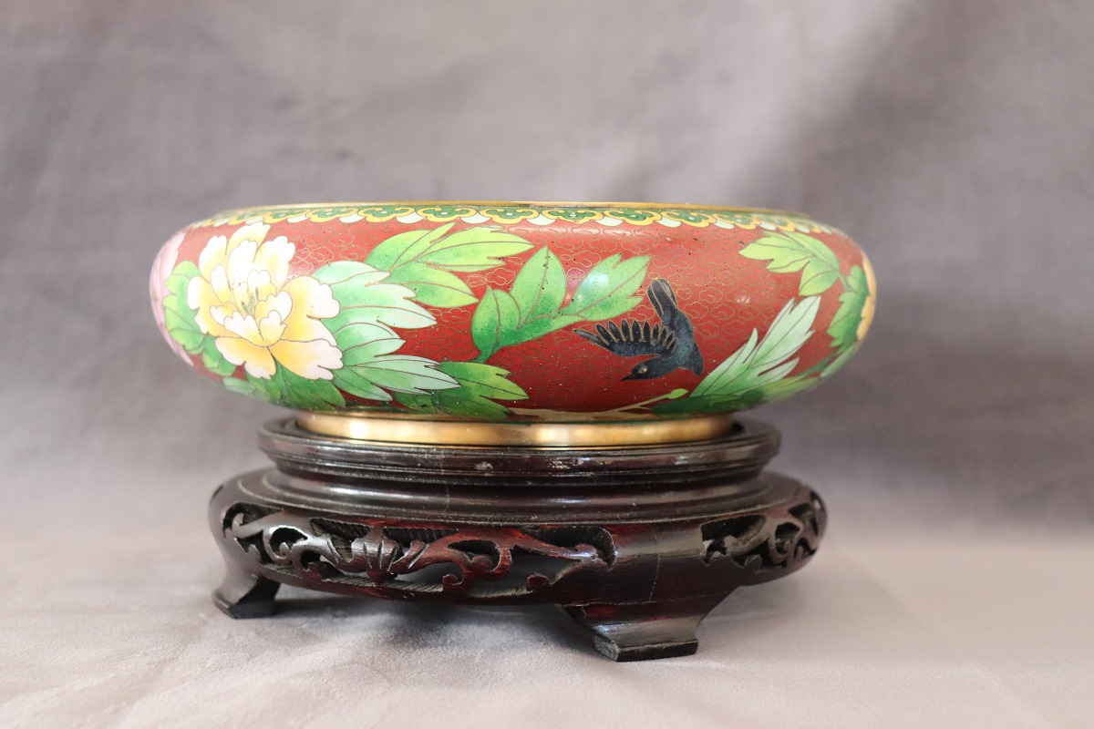 Cloisonne Bowl on Wooden Stand, 1980s