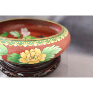 Cloisonne Bowl on Wooden Stand, 1980s