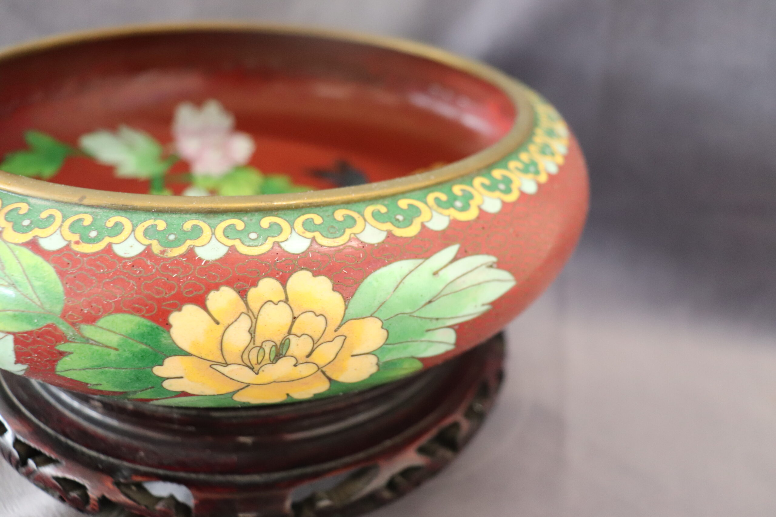 Cloisonne Bowl on Wooden Stand, 1980s