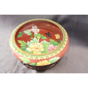 Cloisonne Bowl on Wooden Stand, 1980s