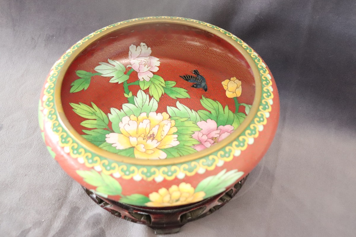 Cloisonne Bowl on Wooden Stand, 1980s