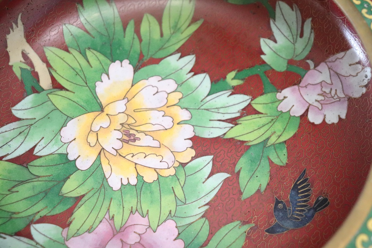 Cloisonne Bowl on Wooden Stand, 1980s