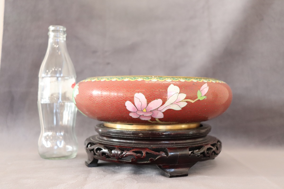 Cloisonne Bowl on Wooden Stand, 1980s