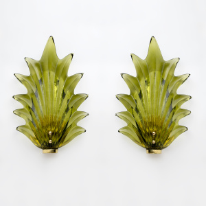 Pair Barovier & Toso Style Modern Italian Murano Glass Leaf Sconces, 1980s